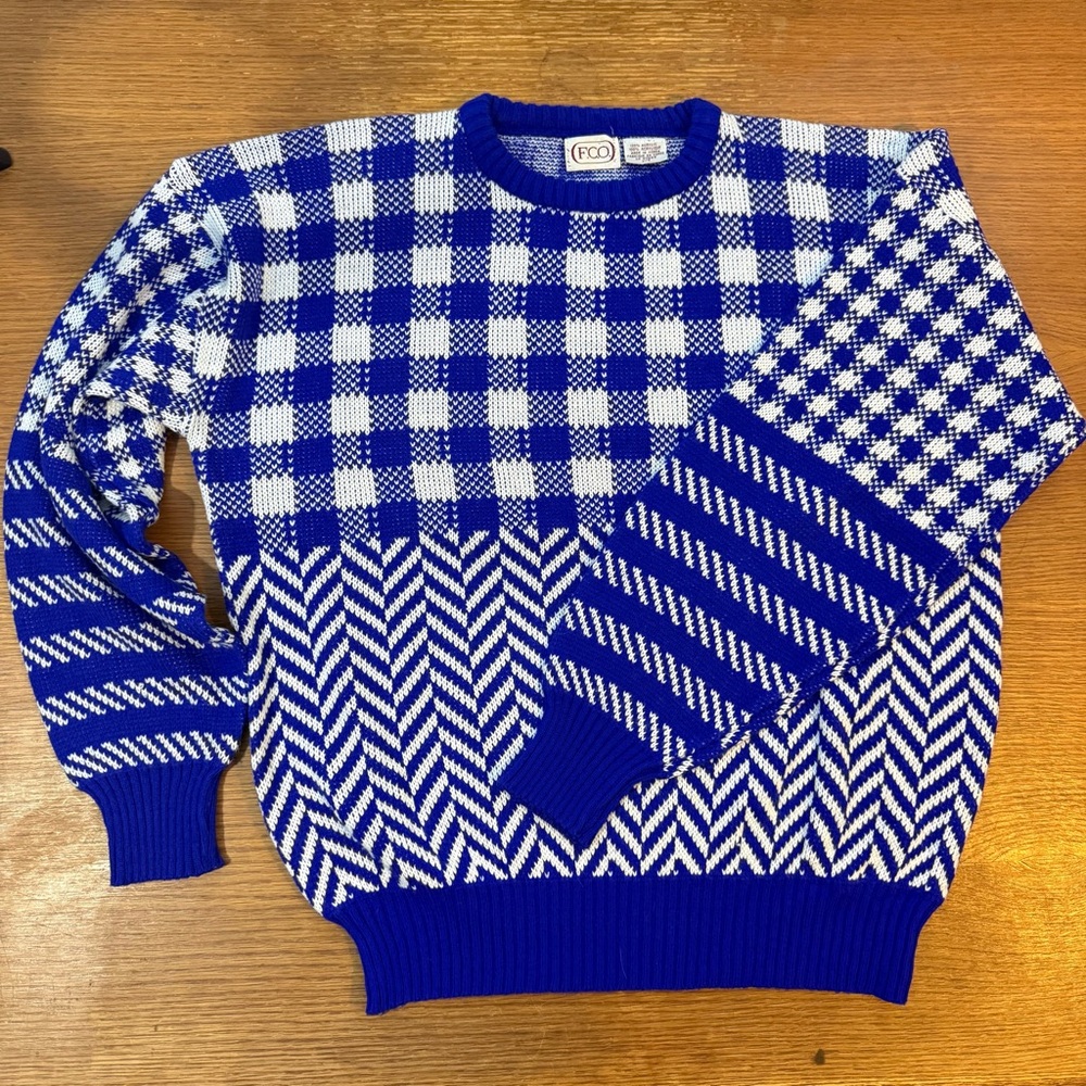 Vtg Dogtooth Patterned Mens Sweater Large Blue White Ski Lodge Chevron Check